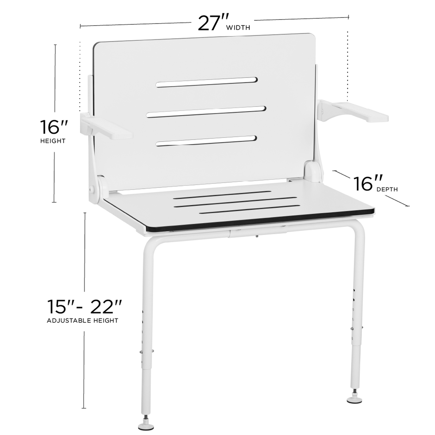 Seachrome Lifestyle & Wellness Silhouette 27" Phenolic White Seat Top With White Frame and Arm Pad Wall Mounted Comfort Plus Shower Seat With Swing Down Leg