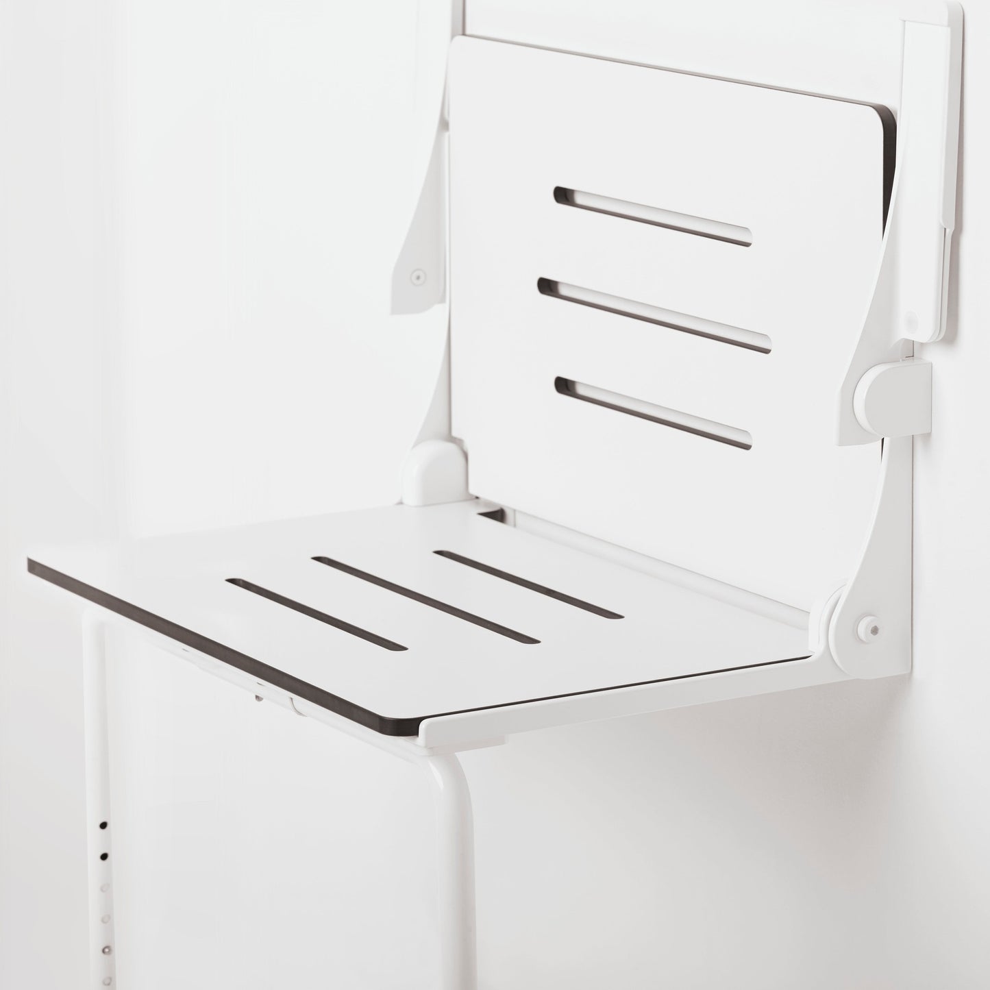 Seachrome Lifestyle & Wellness Silhouette 27" Phenolic White Seat Top With White Frame and Arm Pad Wall Mounted Comfort Plus Shower Seat With Swing Down Leg