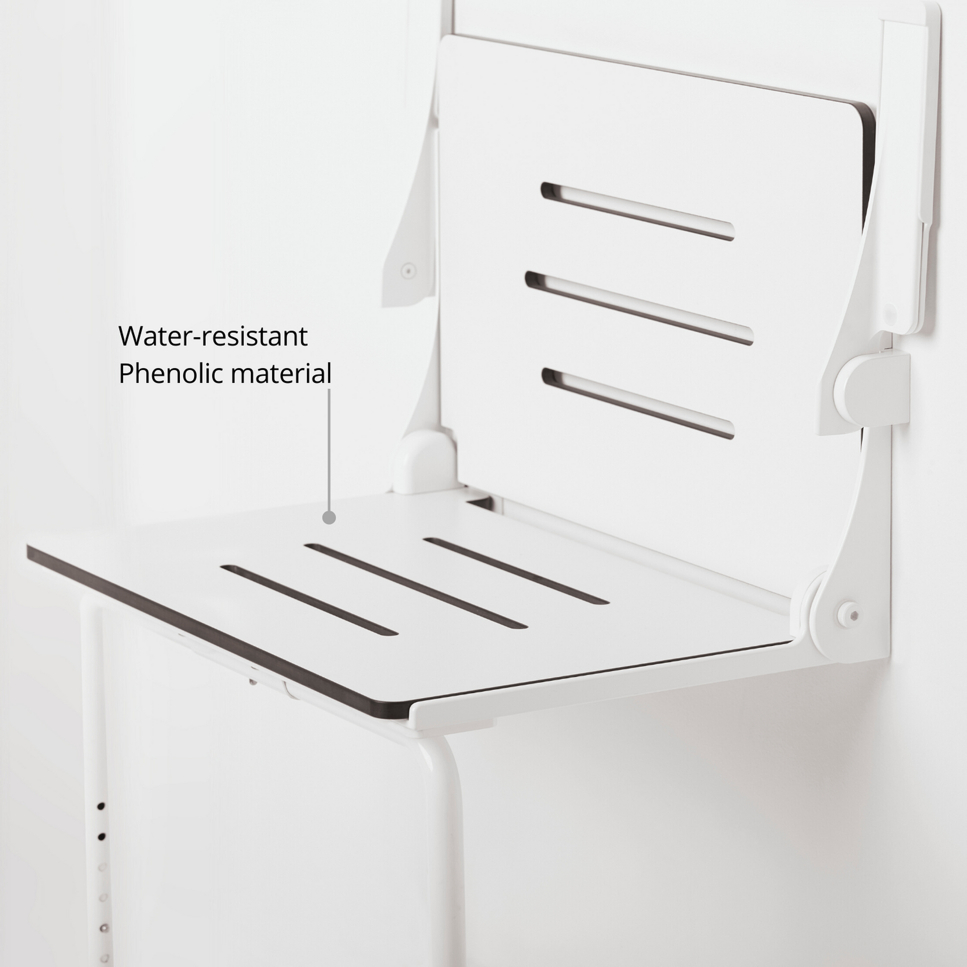 Seachrome Lifestyle & Wellness Silhouette 27" Phenolic White Seat Top With White Frame and Arm Pad Wall Mounted Comfort Plus Shower Seat With Swing Down Leg