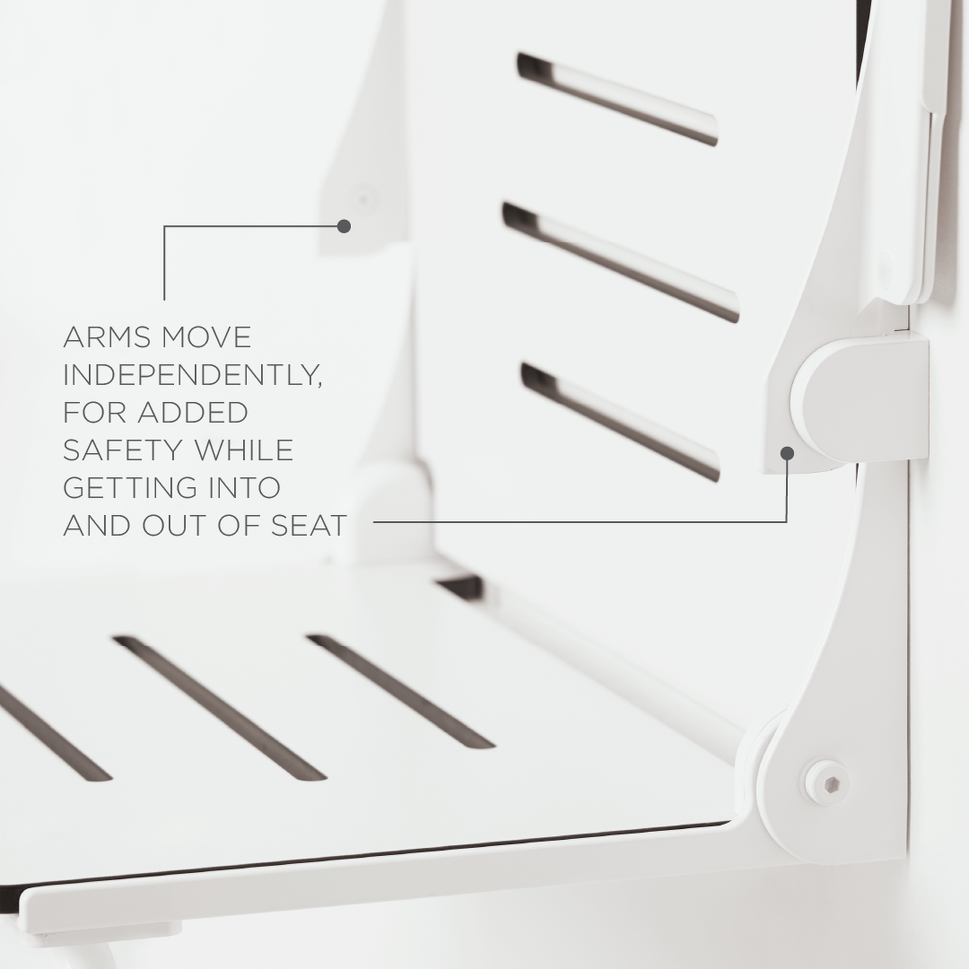 Seachrome Lifestyle & Wellness Silhouette 27" Phenolic White Seat Top With White Frame and Arm Pad Wall Mounted Comfort Plus Shower Seat With Swing Down Leg