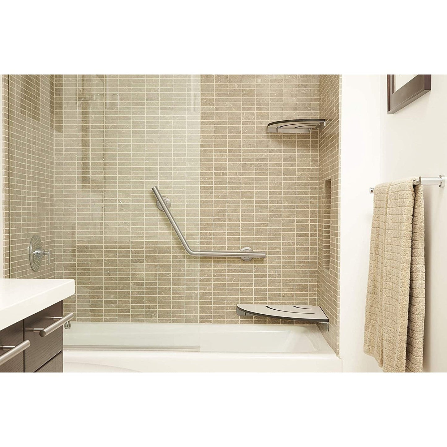 Seachrome Lifestyle and Wellness 12" x 9" Contour Shower Shelf, One-Piece Solid Phenolic Light Gray Stainless Finish