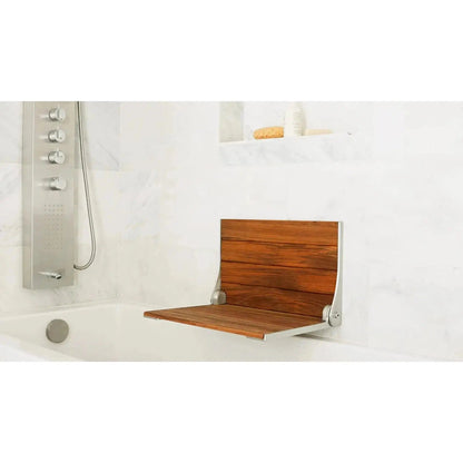 Seachrome Lifestyle and Wellness Silhouette 20" Natural Teak Wood 3" Slats Seat Top and Silver Frame Wall Mounted Shower Bench Seat