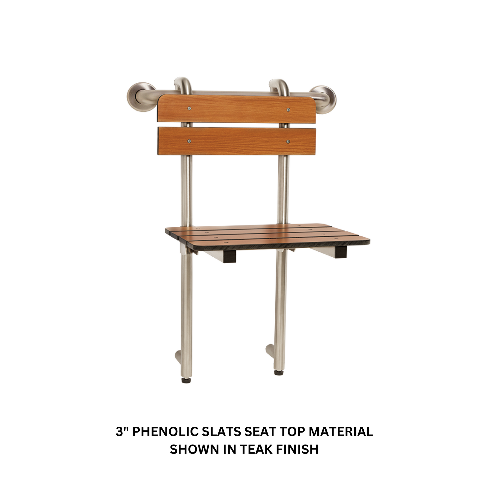 Seachrome Signature Lifestyle & Wellness Series 18" Rustic Teak 3" Phenolic Slats Profile Bench Seat and Grab Bar Hung With Backrest and Legs
