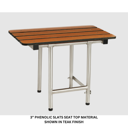 Seachrome Signature Series 18" W x 15" D Aged Ash 3" Phenolic Slats Seat Top Bench Shower Seat With Swing-Down Legs