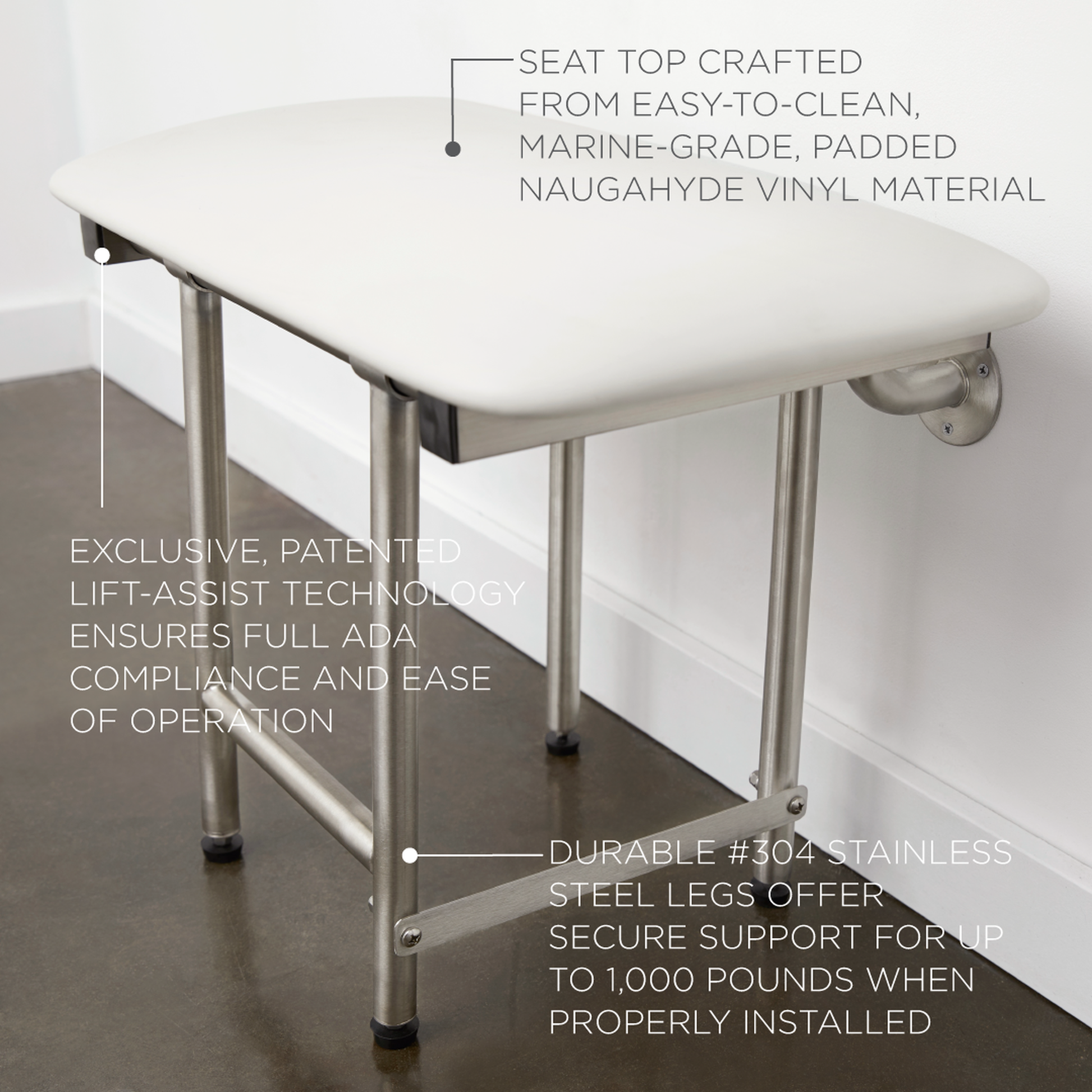 Seachrome Signature Series 18" W x 15" D Naugahyde White Cushion Seat Top Bench Shower Seat With Swing-Down Legs