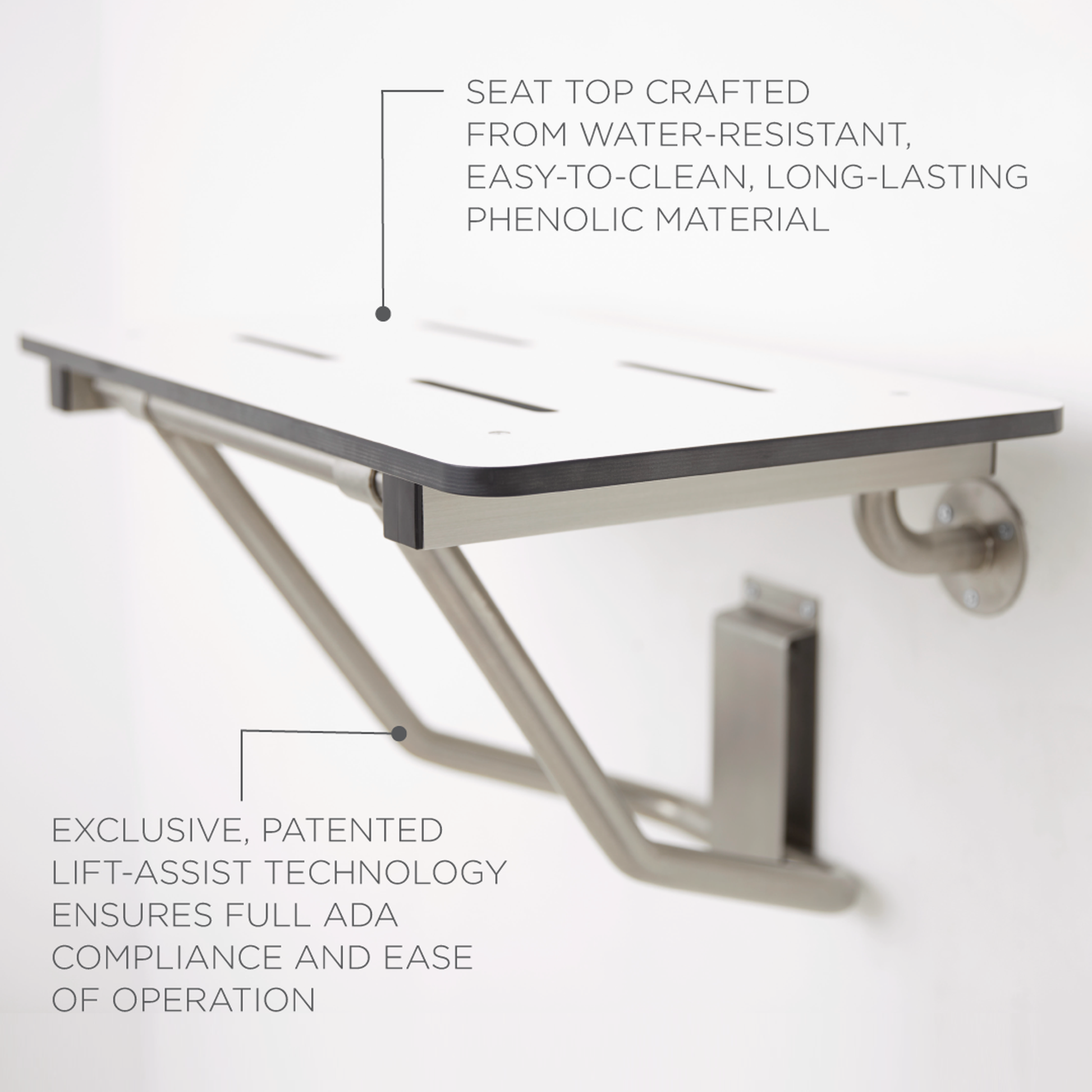 Seachrome Signature Series 18" W x 15" D White One-Piece Solid Phenolic Seat Top Folding Wall Mount Bench Shower Seat