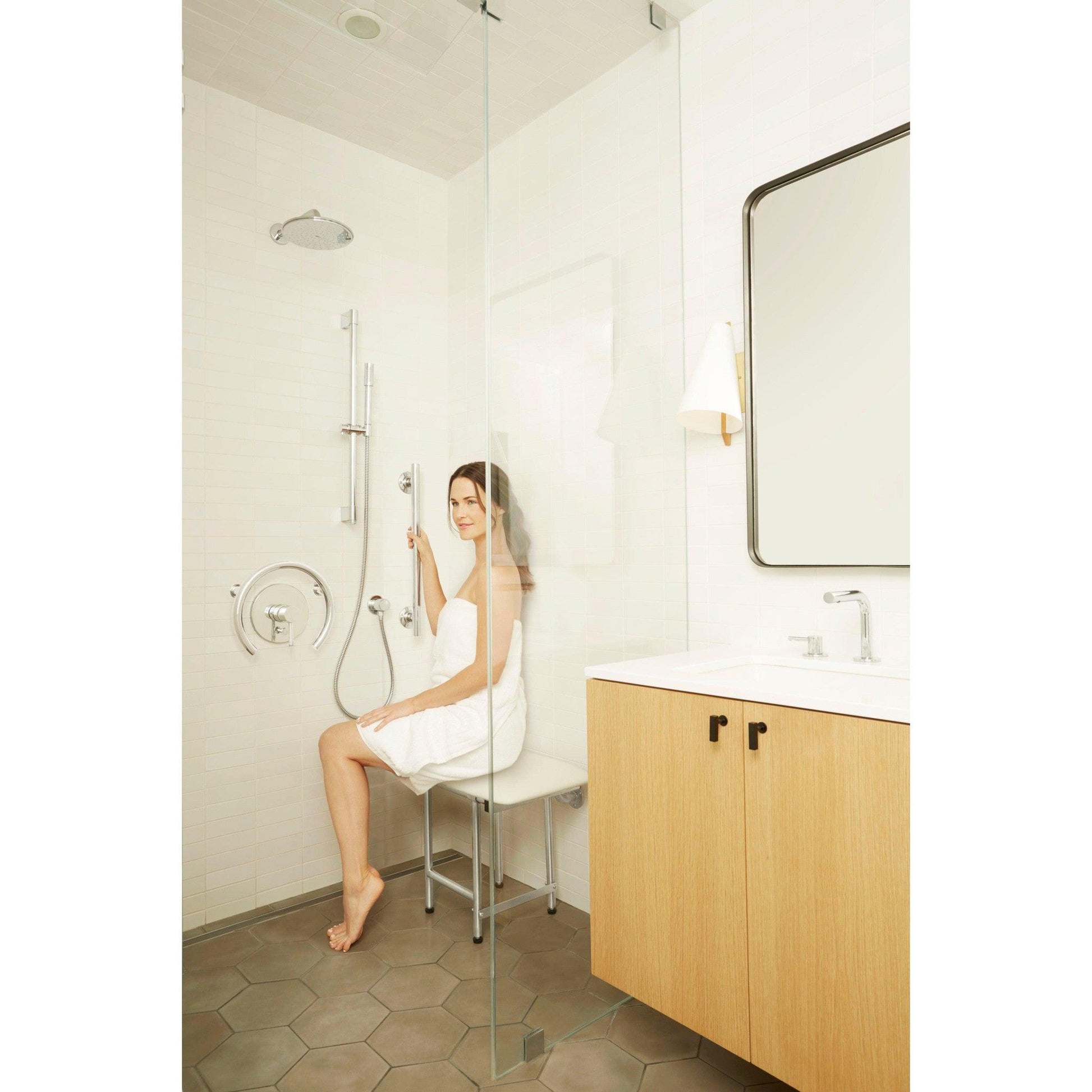 Seachrome Signature Series 22" W x 15" D Naugahyde White Cushion Seat Top Bench Shower Seat With Swing-Down Legs