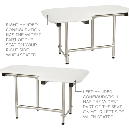 Seachrome Signature Series 26" W x 23" D Naugahyde White Cushion Left-Handed Configuration L-Shaped Transfer Shower Seat With Swing-Down Legs