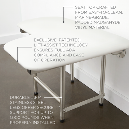 Seachrome Signature Series 26" W x 23" D Naugahyde White Cushion Left-Handed Configuration L-Shaped Transfer Shower Seat With Swing-Down Legs