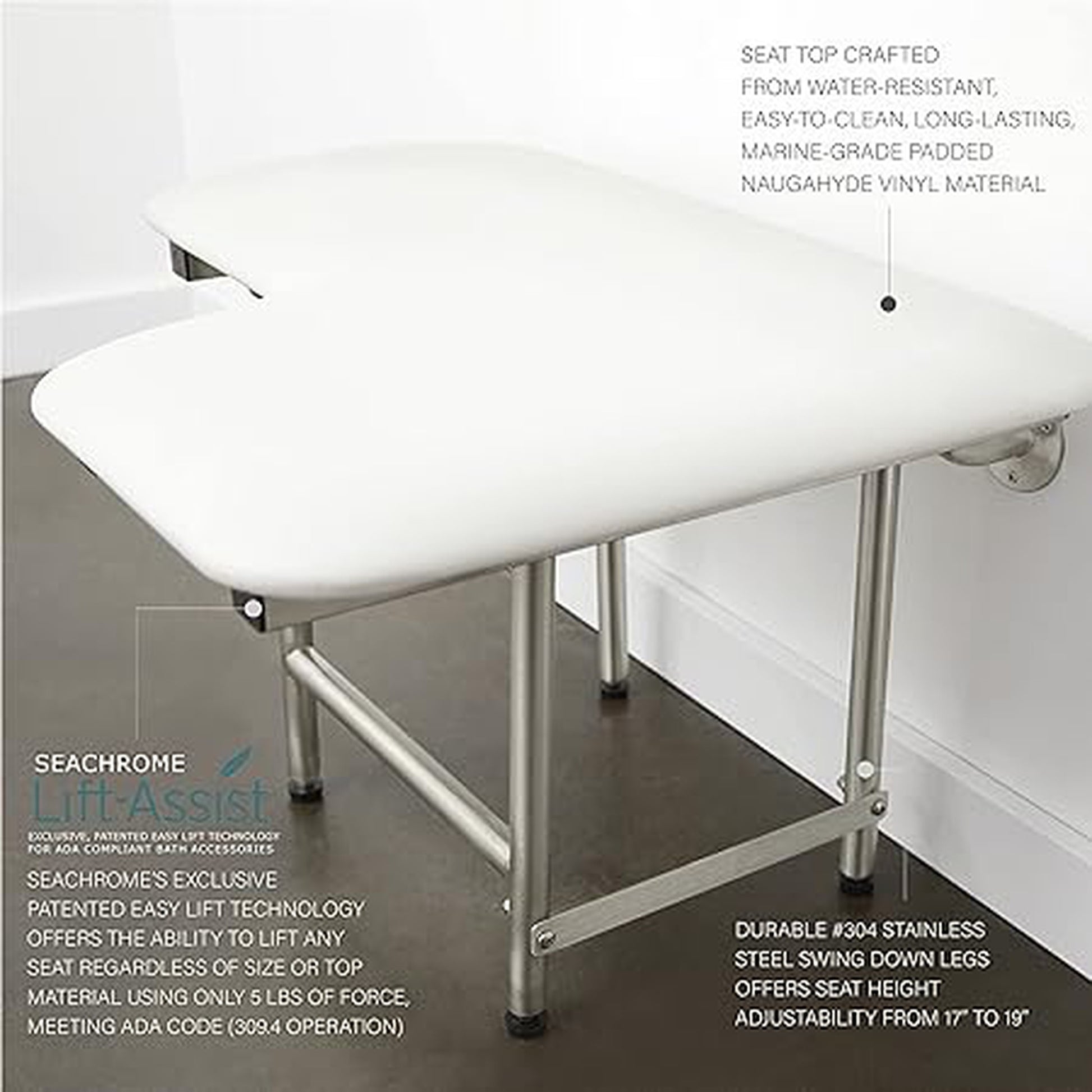 Seachrome Signature Series 26" W x 23" D Naugahyde White Cushion Right-Handed Configuration L-Shaped Transfer Shower Seat With Swing-Down Legs