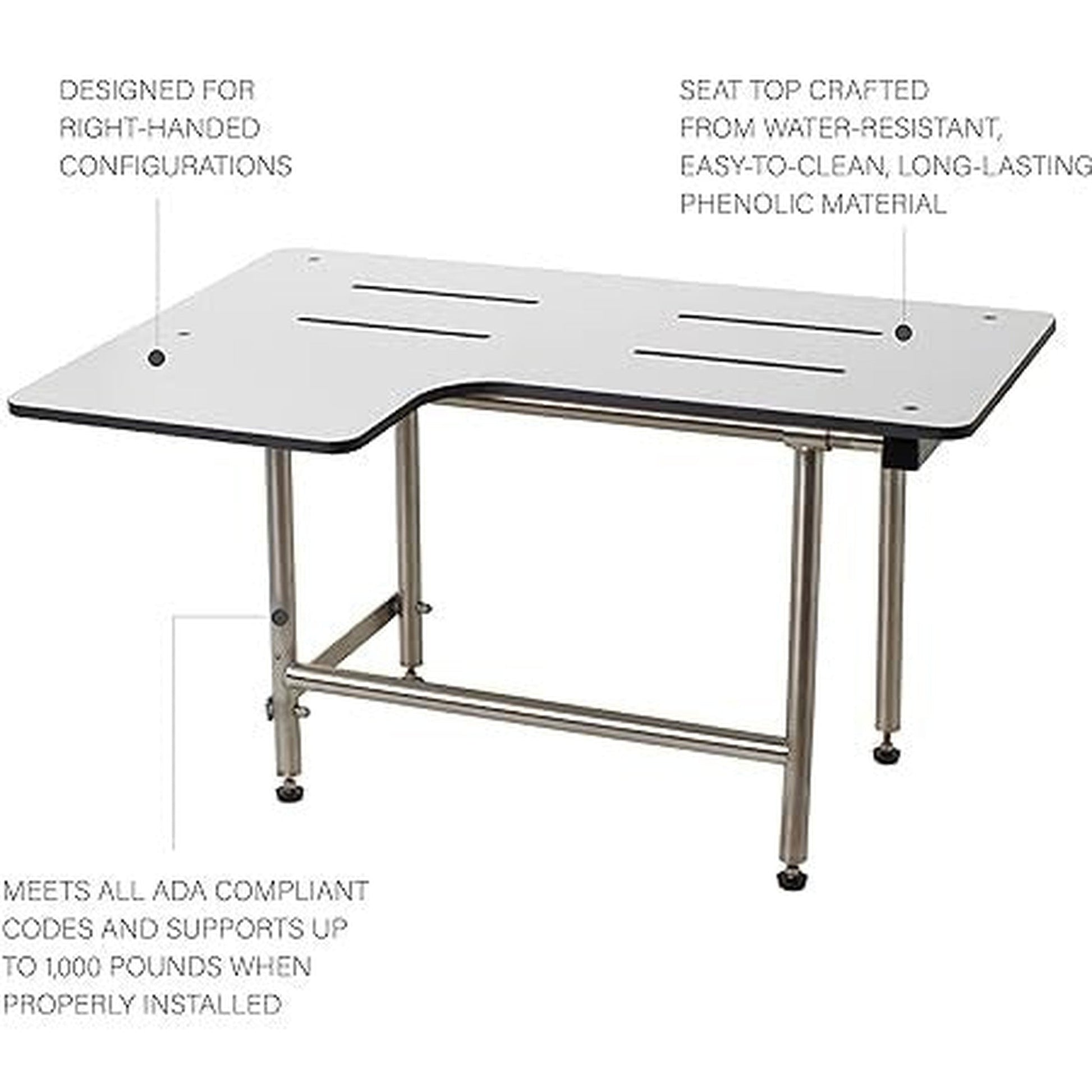 Seachrome Signature Series 26" W x 23" D White One-Piece Solid Phenolic Right-Handed Configuration L-Shaped Transfer Shower Seat With Swing-Down Legs