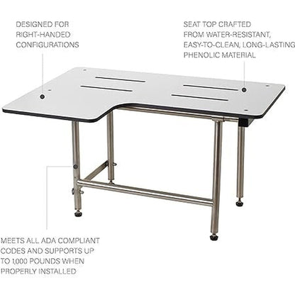 Seachrome Signature Series 26" W x 23" D White One-Piece Solid Phenolic Right-Handed Configuration L-Shaped Transfer Shower Seat With Swing-Down Legs