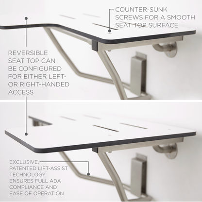 Seachrome Signature Series 26" W x 23" D White One-Piece Solid Phenolic Seat Top Reversible L-Shaped Transfer Shower Seat