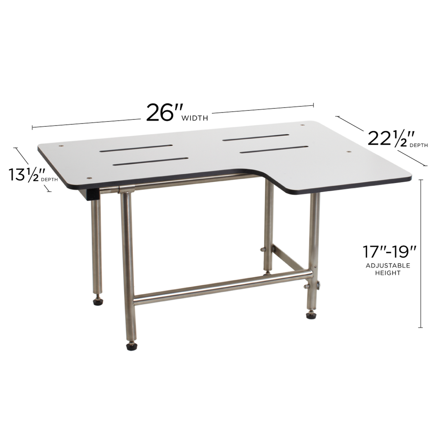 Seachrome Signature Series 26" W x 23" D White One-Piece Solid Phenolic Seat Top Reversible L-Shaped Transfer Shower Seat With Swing-Down Legs