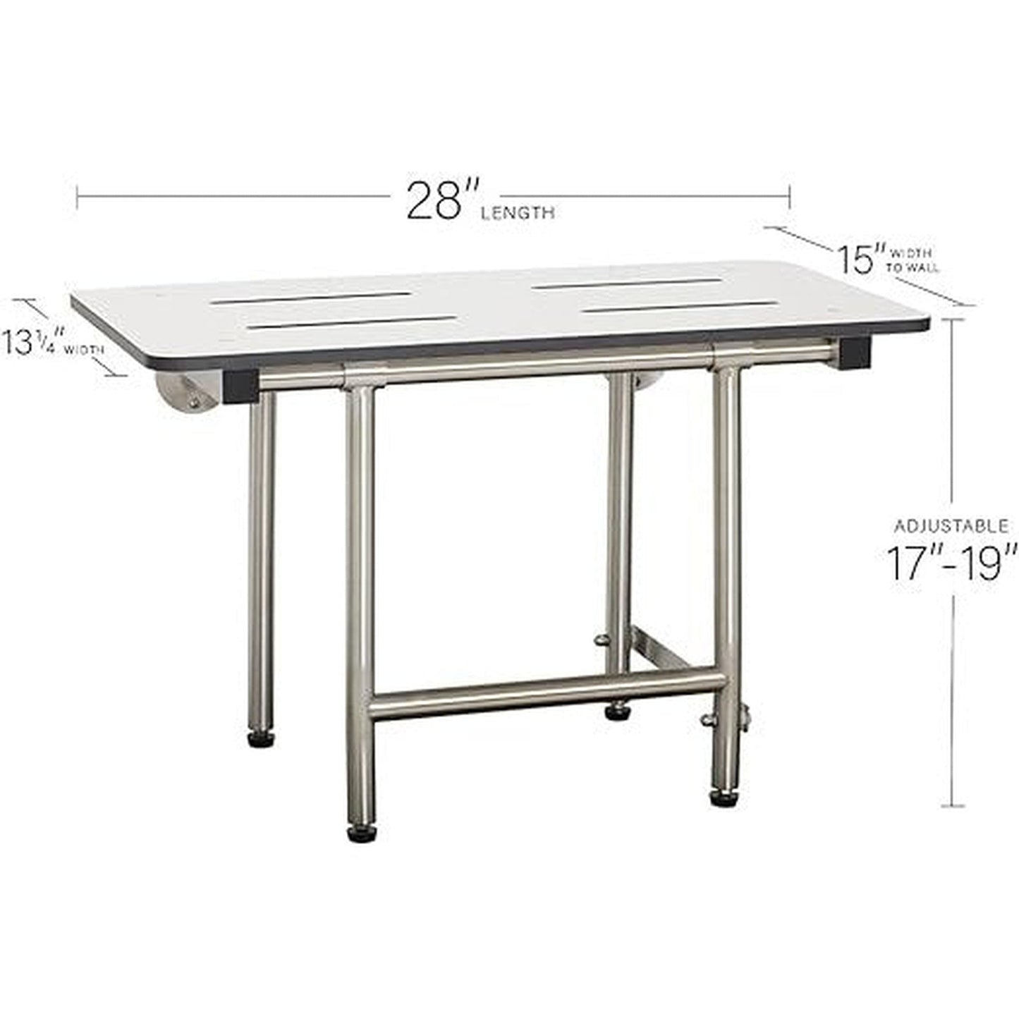 Seachrome Signature Series 28" W x 15" D White One-Piece Solid Phenolic Seat Top Bench Shower Seat With Swing-Down Legs