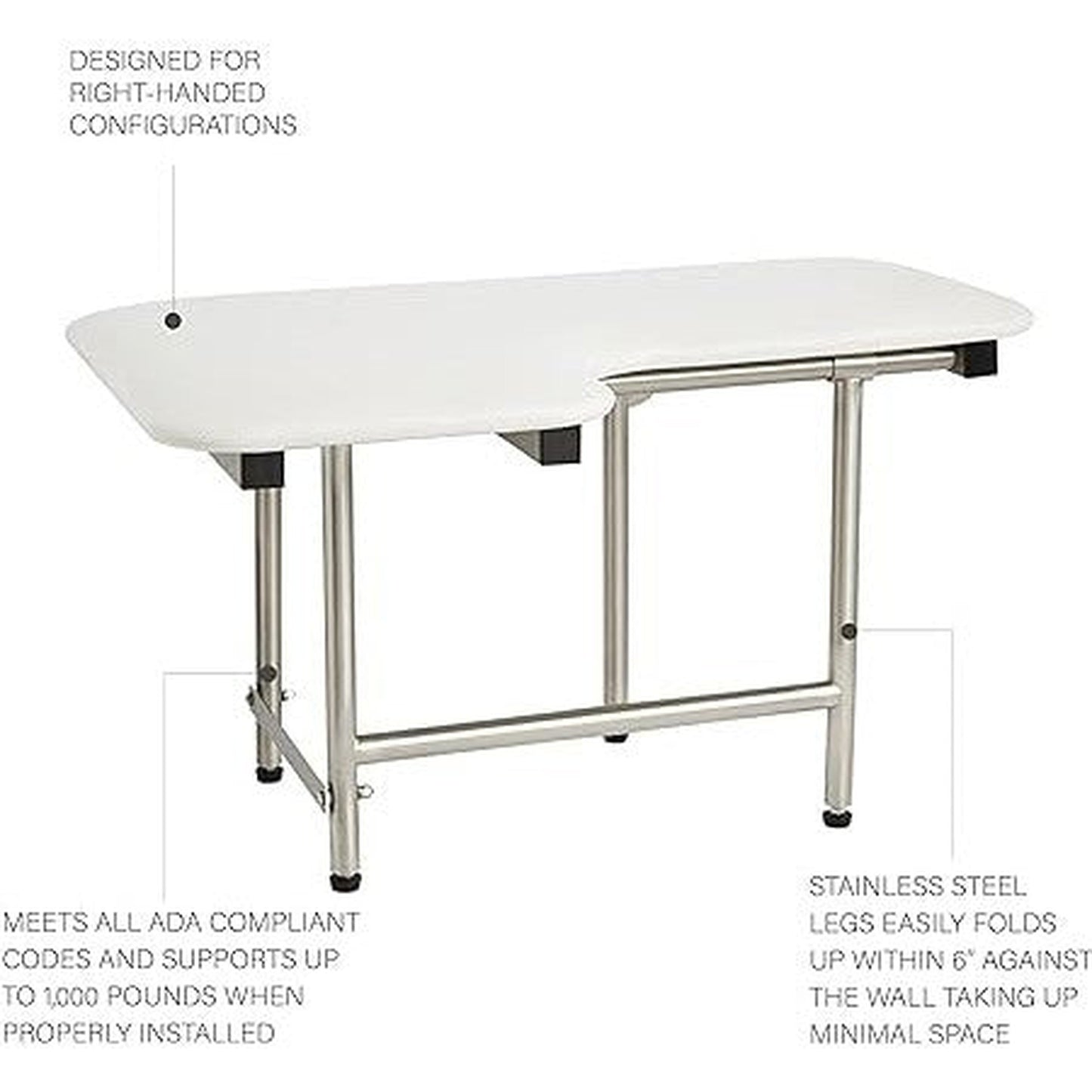 Seachrome Signature Series 28" W x 23" D Naugahyde White Cushion Right-Handed Configuration L-Shaped Transfer Shower Seat With Swing-Down Legs