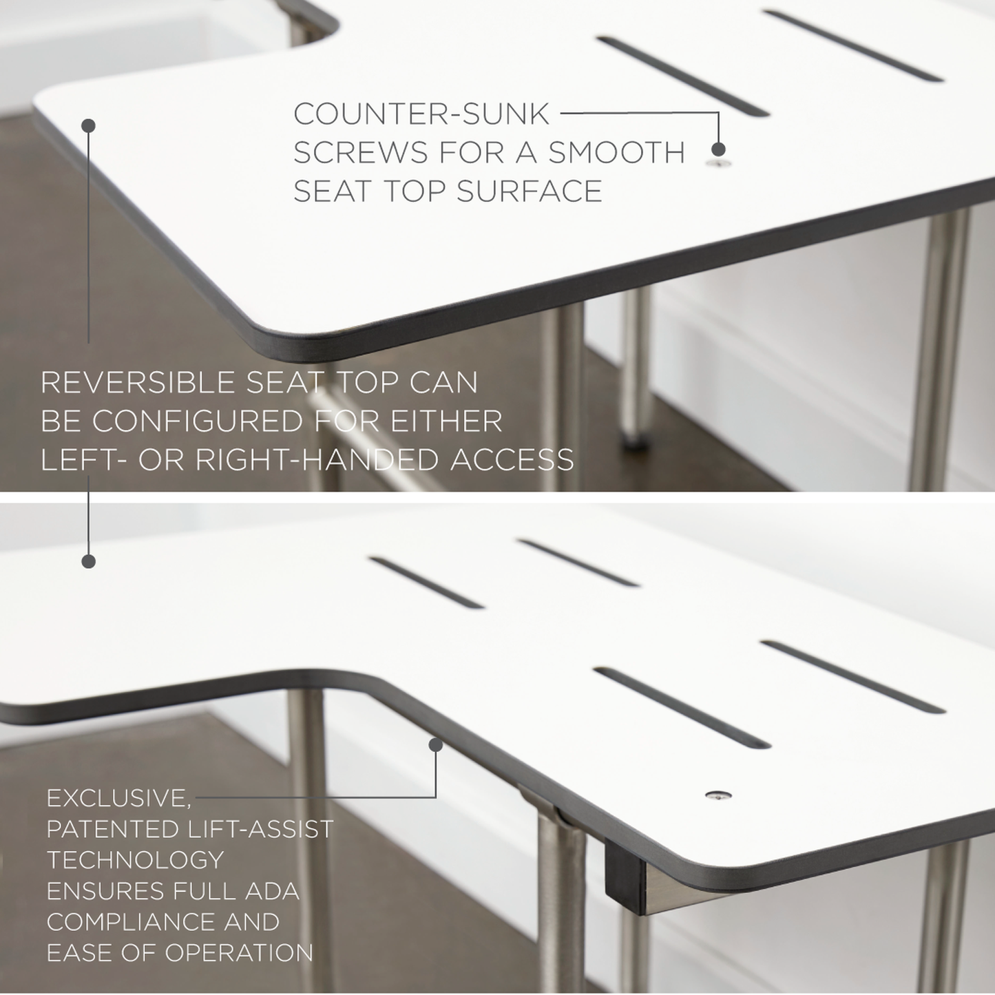 Seachrome Signature Series 28" W x 23" D White One-Piece Solid Phenolic Seat Top Reversible L-Shaped Transfer Shower Seat With Swing-Down Legs