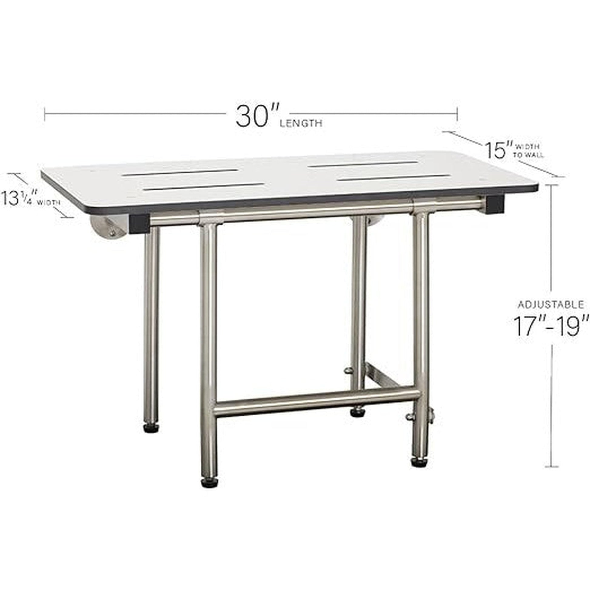 Seachrome Signature Series 30" W x 15" D White One-Piece Solid Phenolic Seat Top Bench Shower Seat With Swing-Down Legs