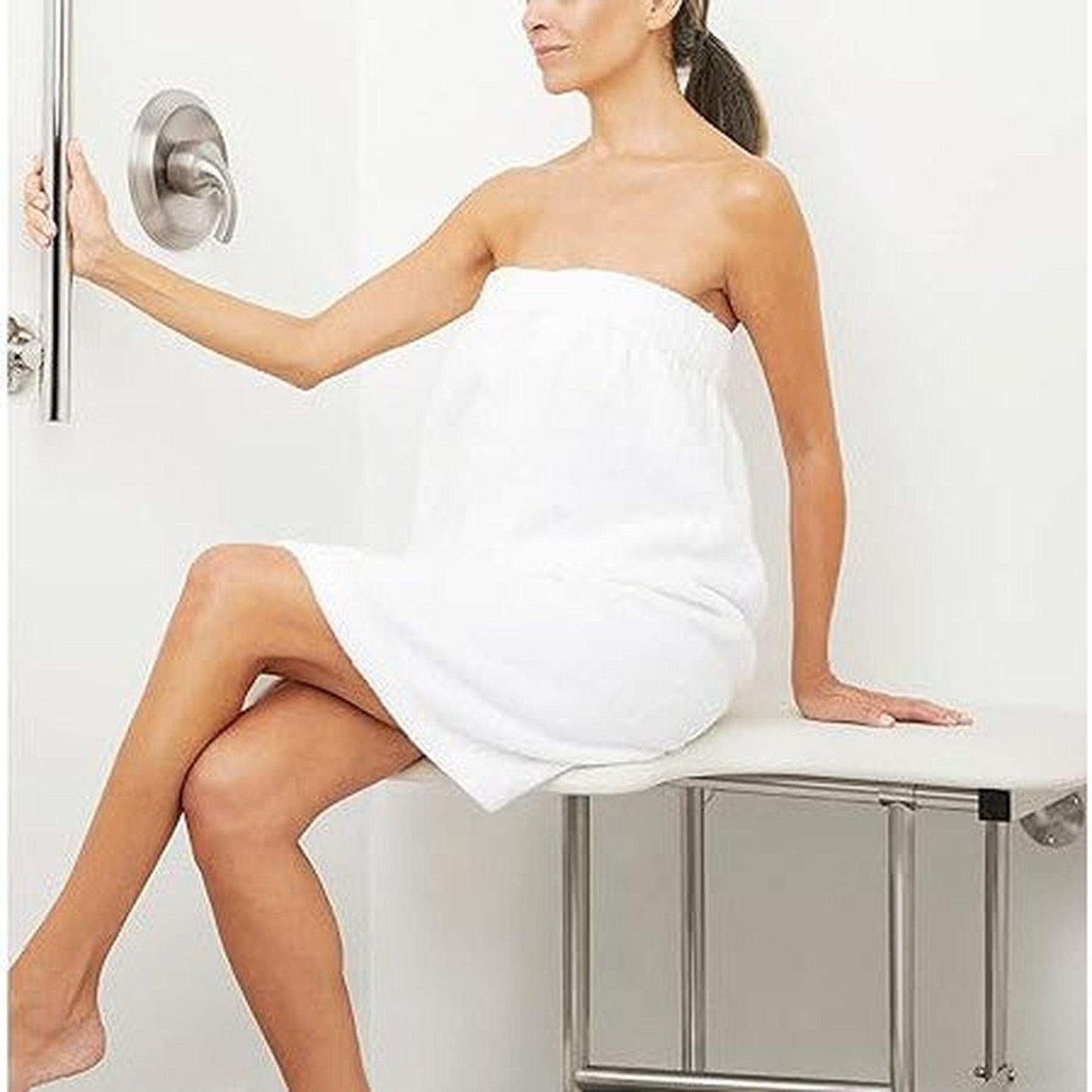 Seachrome Signature Series 32" W x 23" D Naugahyde White Cushion Right-Handed Configuration L-Shaped Transfer Shower Seat With Swing-Down Legs