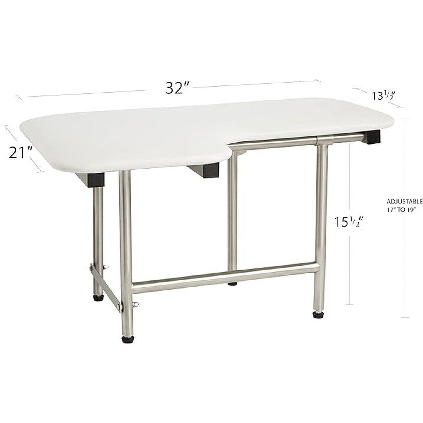 Seachrome Signature Series 32" W x 23" D Naugahyde White Cushion Right-Handed Configuration L-Shaped Transfer Shower Seat With Swing-Down Legs