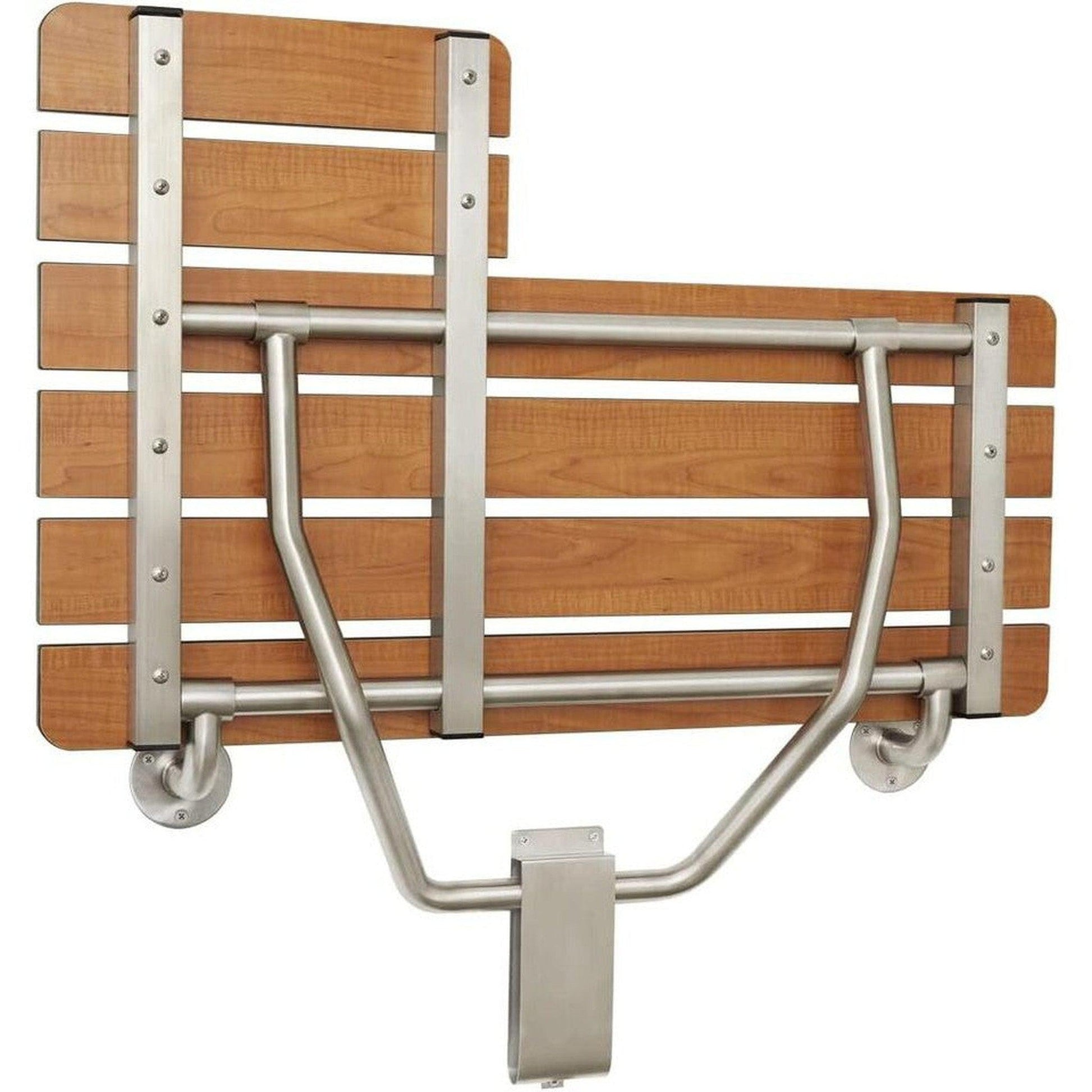 Seachrome Signature Series 32" W x 23" D Phenolic Teak 3" Slats Right-Handed Configuration L-Shaped Transfer Shower Seat