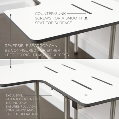 Seachrome Signature Series 32" W x 23" D White One-Piece Solid Phenolic Seat Top Reversible L-Shaped Transfer Shower Seat With Swing-Down Legs