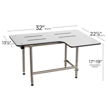 Seachrome Signature Series 32" W x 23" D White One-Piece Solid Phenolic Seat Top Reversible L-Shaped Transfer Shower Seat With Swing-Down Legs