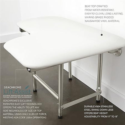 Seachrome Signature Series 36" W x 23" D Naugahyde White Cushion Right-Handed Configuration L-Shaped Transfer Shower Seat With Swing-Down Legs