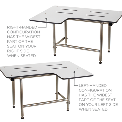 Seachrome Signature Series 36" W x 23" D White One-Piece Solid Phenolic Seat Top Reversible Seat Top L-Shaped Transfer Shower Seat With Swing-Down Legs