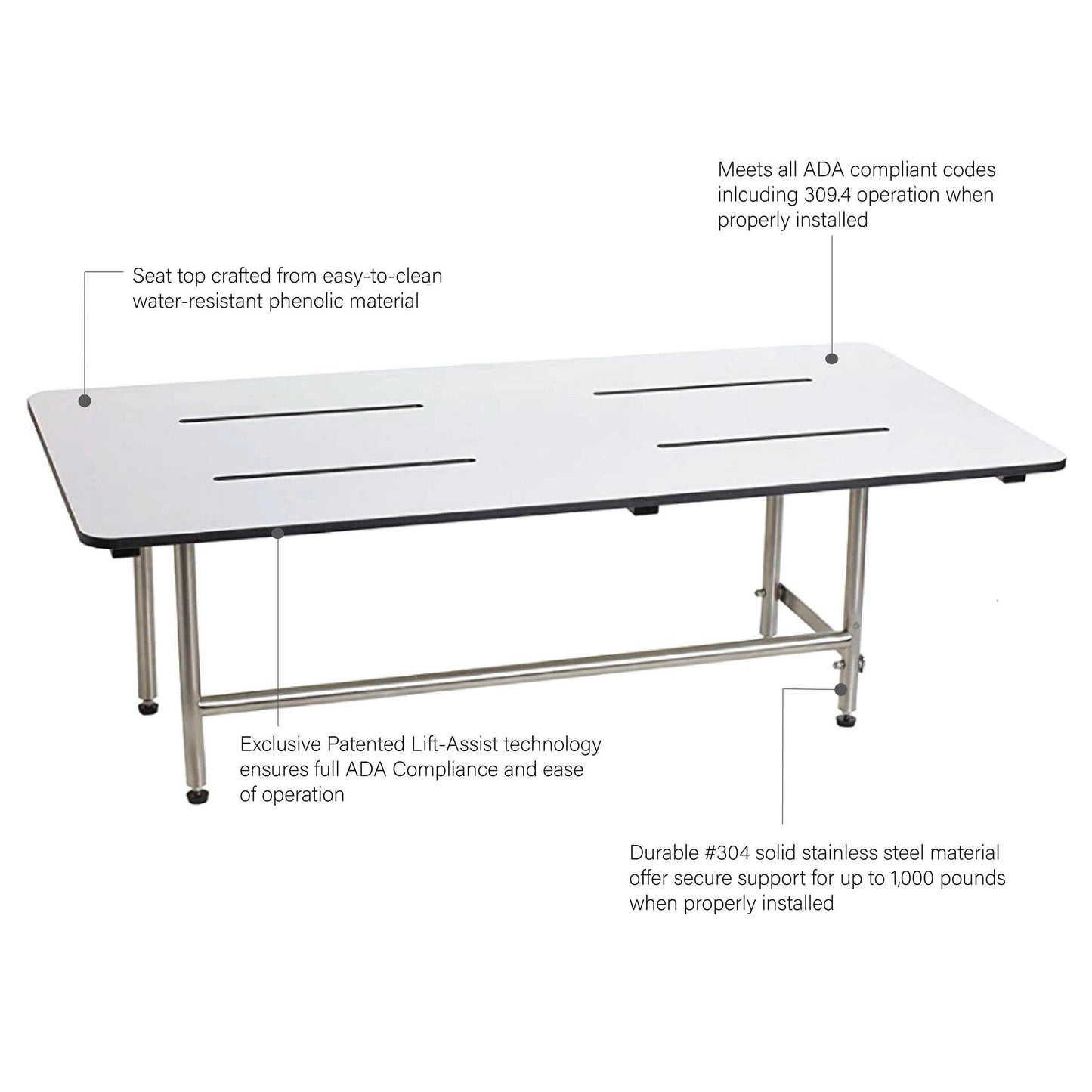 Seachrome Signature Series 48" W x 24" D White One-Piece Solid Phenolic Seat Top Bench Shower Seat With Swing-Down Legs