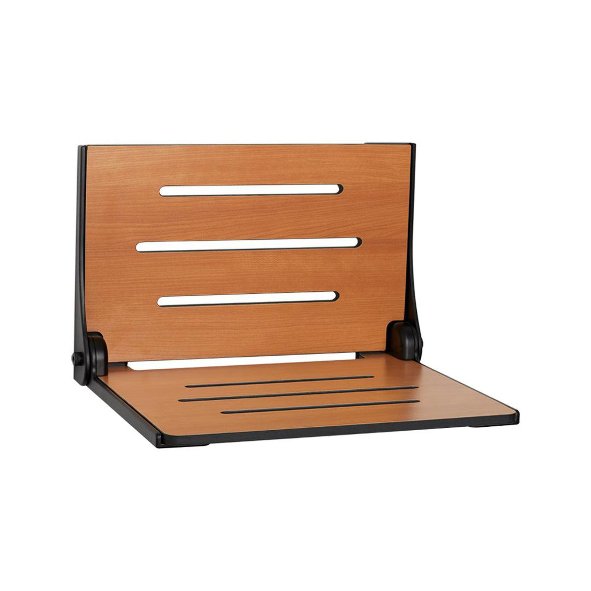 Seachrome Silhouette 19" Phenolic Teak Seat Top and Matte Black Frame Wall Mounted High Back Shower Seat