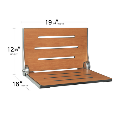 Seachrome Silhouette 19" Phenolic Teak Seat Top and Silver Frame Wall Mounted High Back Shower Seat