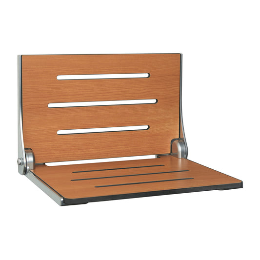 Seachrome Silhouette 19" Phenolic Teak Seat Top and Silver Frame Wall Mounted High Back Shower Seat