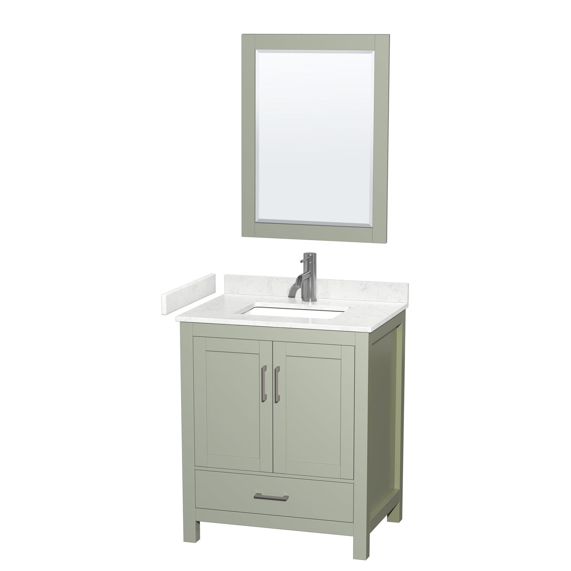 Sheffield 30" Single Bathroom Vanity in Light Green, Carrara Cultured Marble Countertop, Undermount Square Sink, Brushed Nickel Trim, 24" Mirror