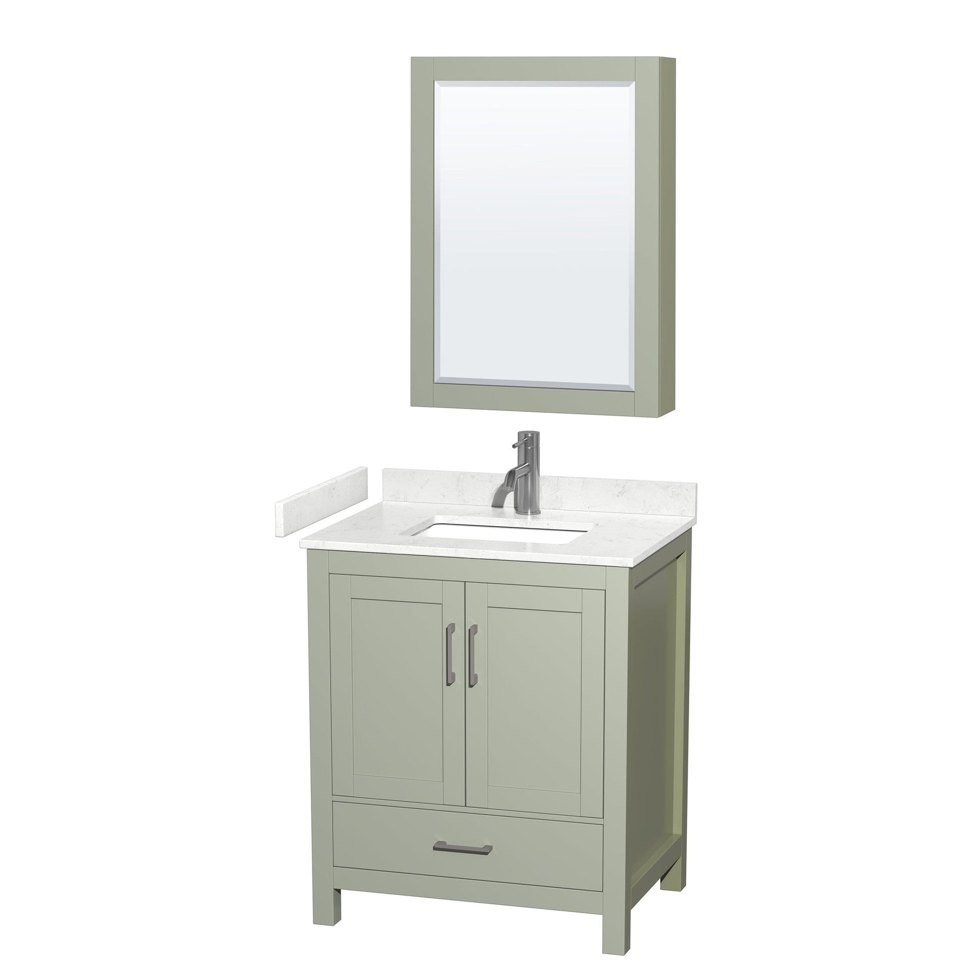 Sheffield 30" Single Bathroom Vanity in Light Green, Carrara Cultured Marble Countertop, Undermount Square Sink, Brushed Nickel Trim, Medicine Cabinet