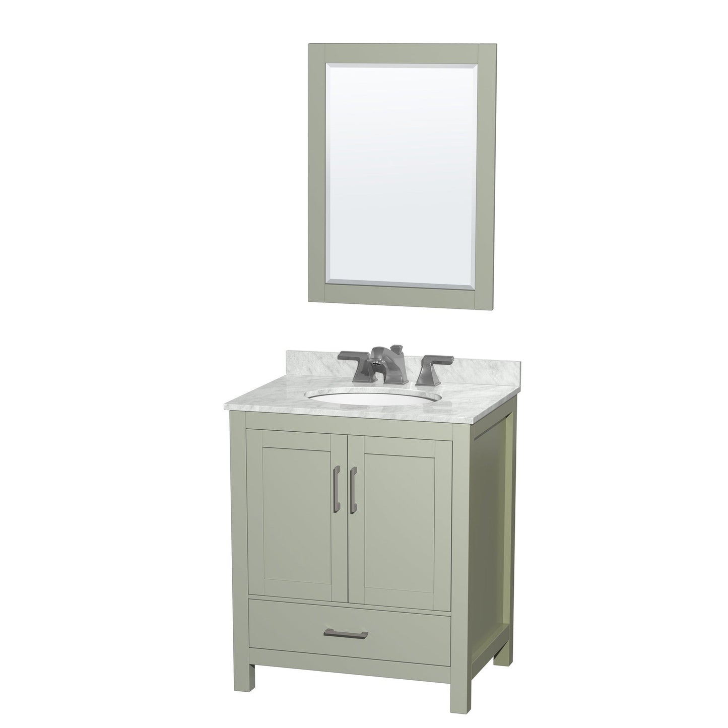 Sheffield 30" Single Bathroom Vanity in Light Green, White Carrara Marble Countertop, Undermount Oval Sink, Brushed Nickel Trim, 24" Mirror