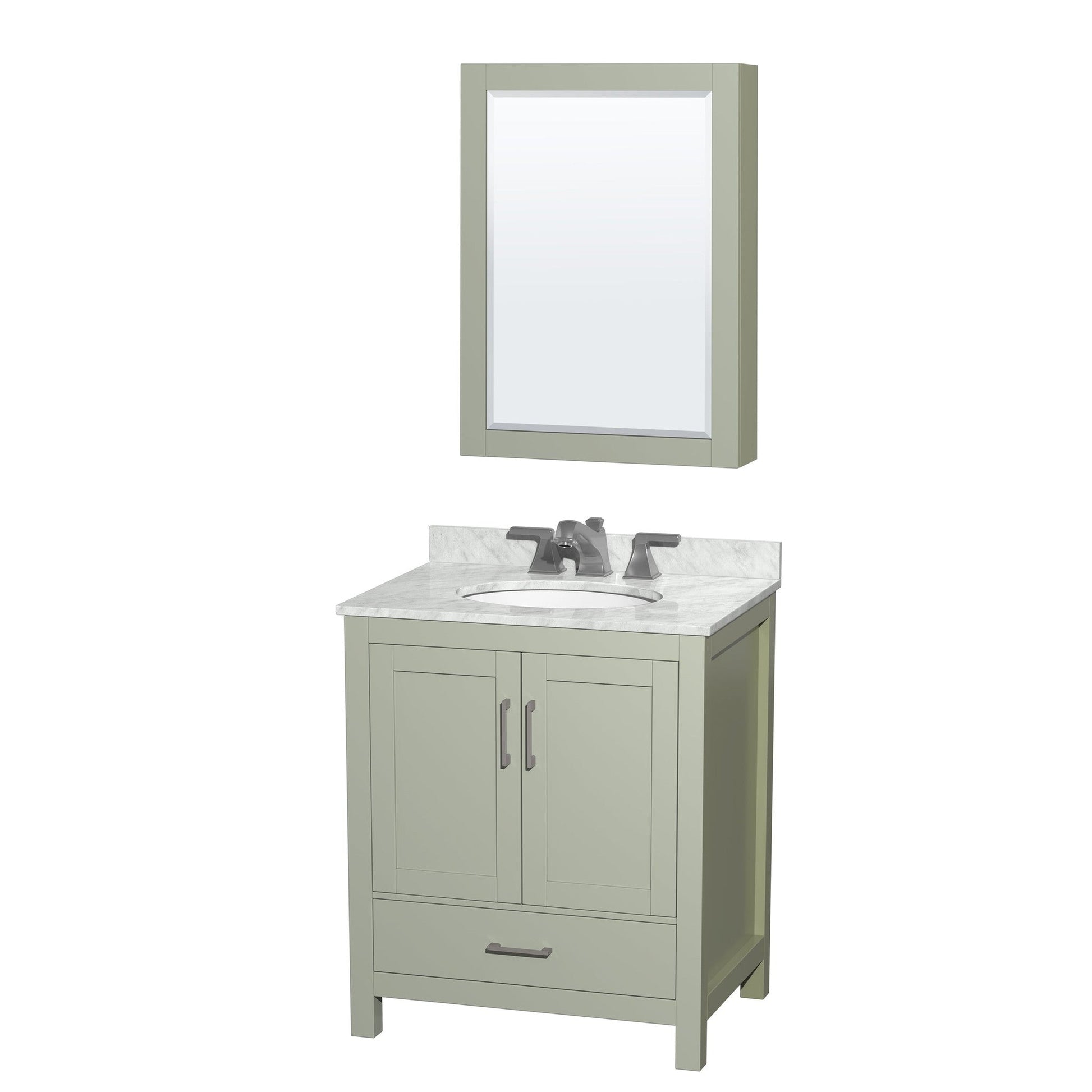 Sheffield 30" Single Bathroom Vanity in Light Green, White Carrara Marble Countertop, Undermount Oval Sink, Brushed Nickel Trim, Medicine Cabinet