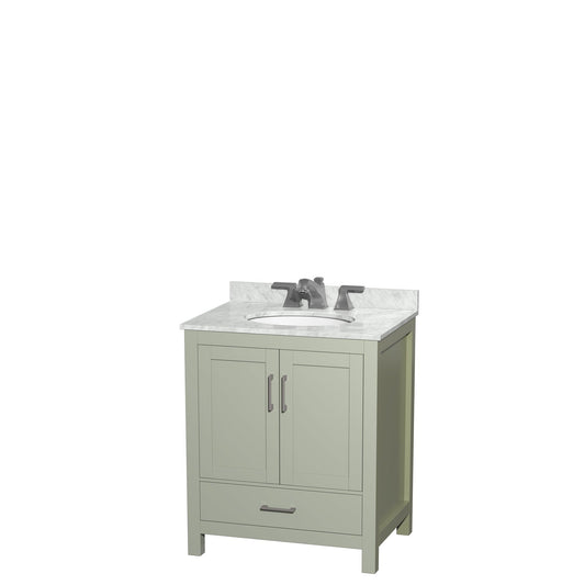 Sheffield 30" Single Bathroom Vanity in Light Green, White Carrara Marble Countertop, Undermount Oval Sink, Brushed Nickel Trim