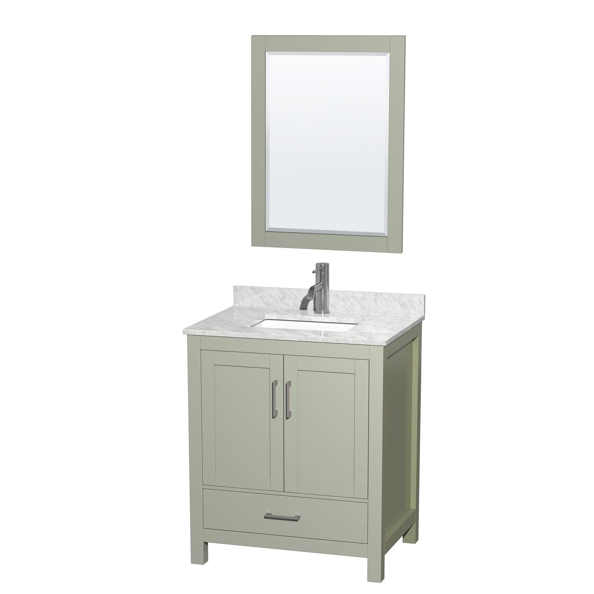 Sheffield 30" Single Bathroom Vanity in Light Green, White Carrara Marble Countertop, Undermount Square Sink, Brushed Nickel Trim, 24" Mirror