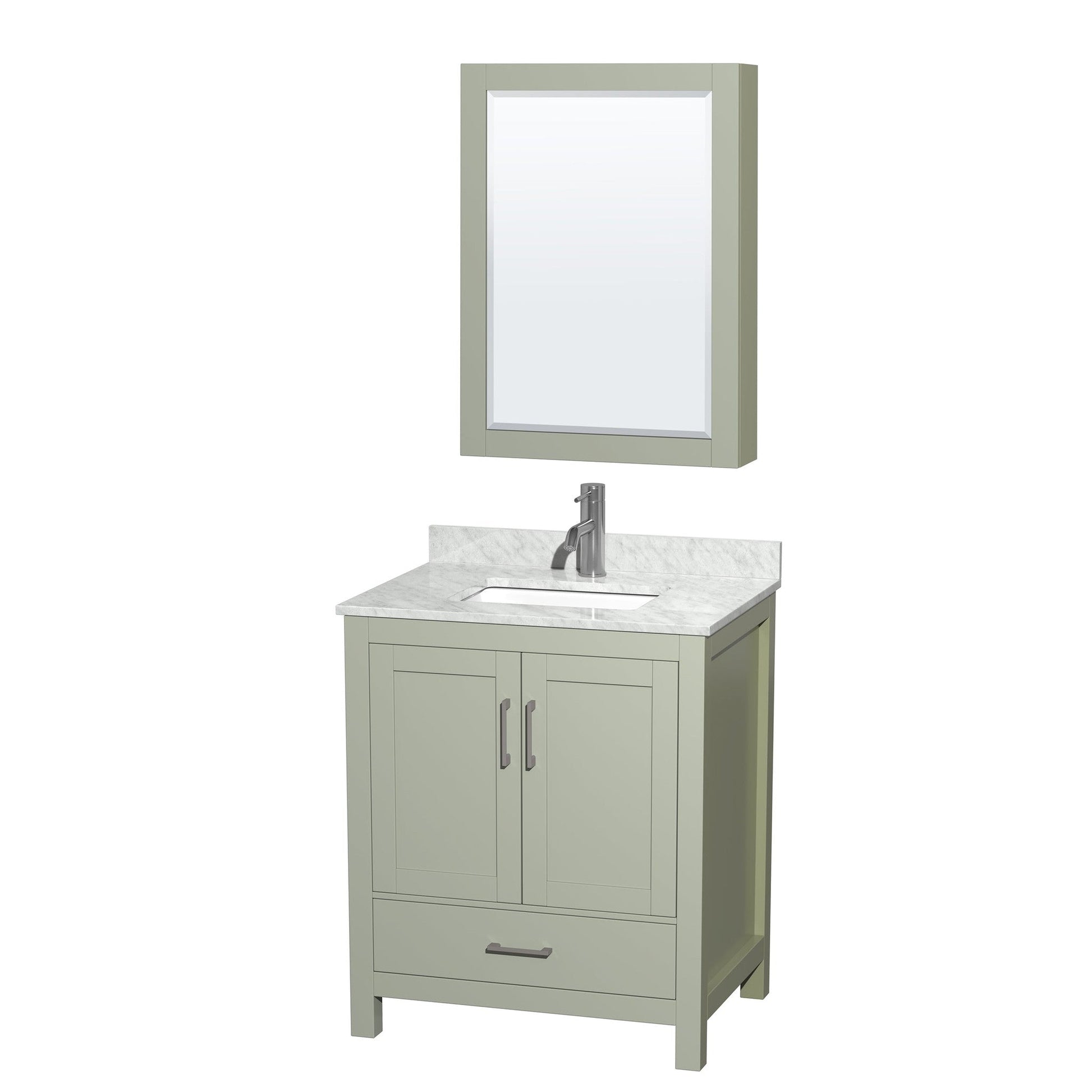 Sheffield 30" Single Bathroom Vanity in Light Green, White Carrara Marble Countertop, Undermount Square Sink, Brushed Nickel Trim, Medicine Cabinet