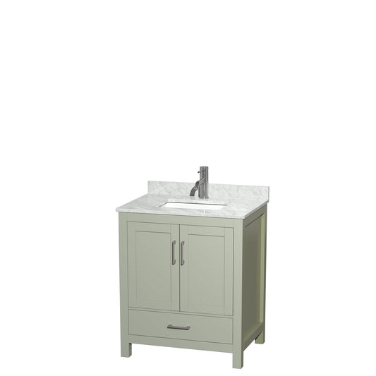 Sheffield 30" Single Bathroom Vanity in Light Green, White Carrara Marble Countertop, Undermount Square Sink, Brushed Nickel Trim