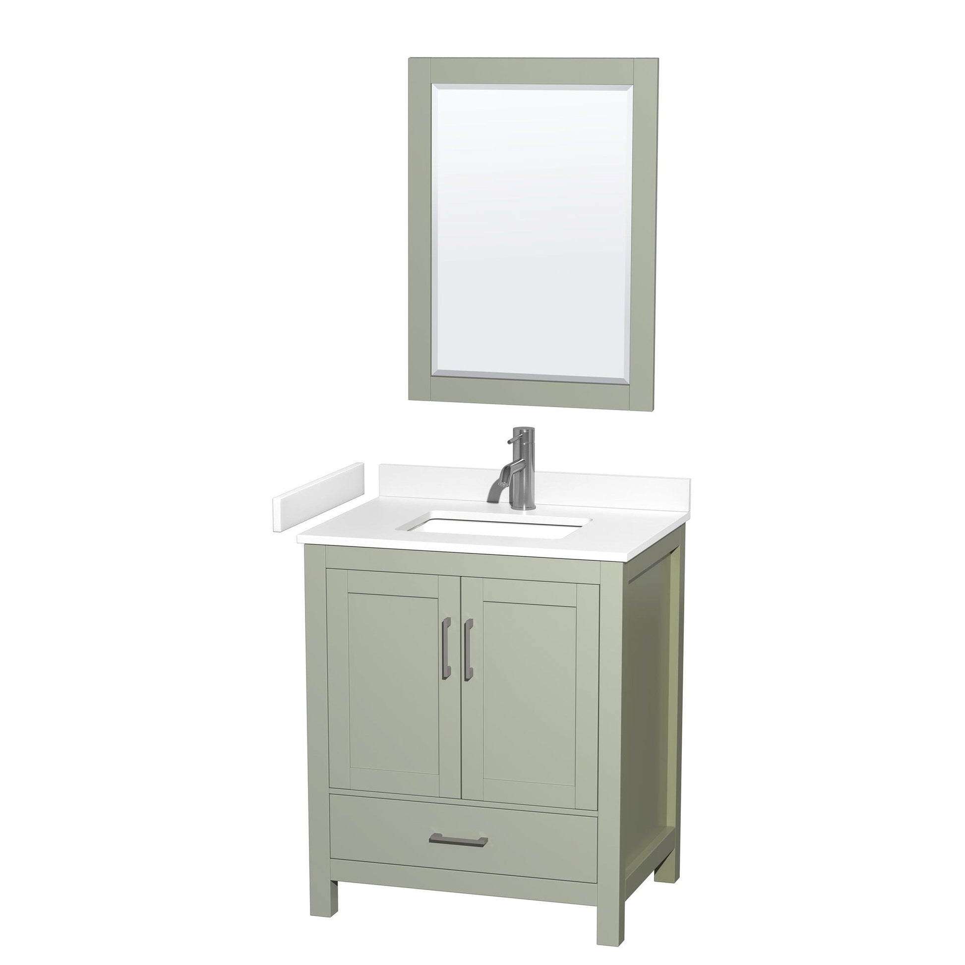 Sheffield 30" Single Bathroom Vanity in Light Green, White Cultured Marble Countertop, Undermount Square Sink, Brushed Nickel Trim, 24" Mirror