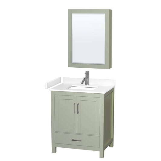 Sheffield 30" Single Bathroom Vanity in Light Green, White Cultured Marble Countertop, Undermount Square Sink, Brushed Nickel Trim, Medicine Cabinet
