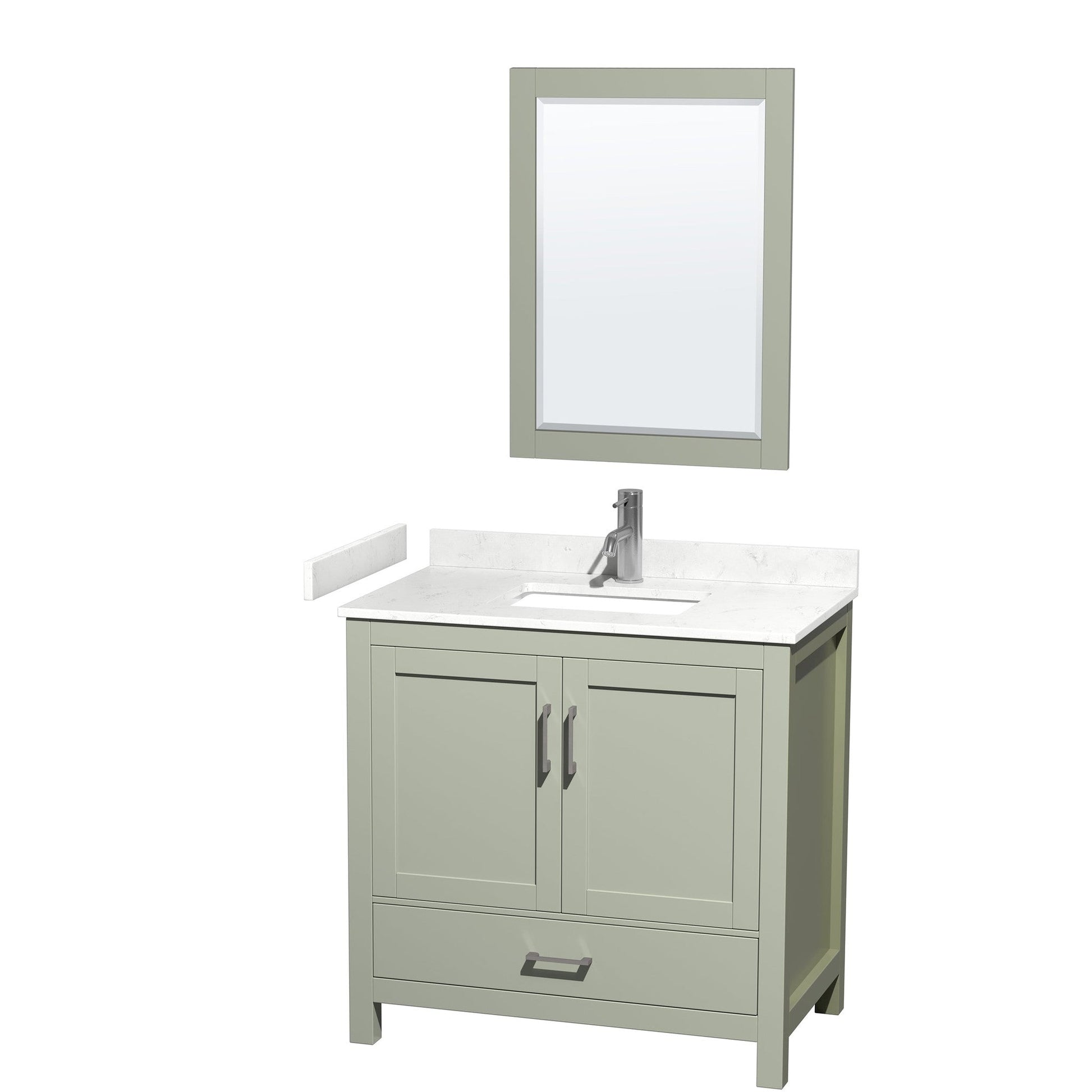 Sheffield 36" Single Bathroom Vanity in Light Green, Carrara Cultured Marble Countertop, Undermount Square Sink, Brushed Nickel Trim, 24" Mirror