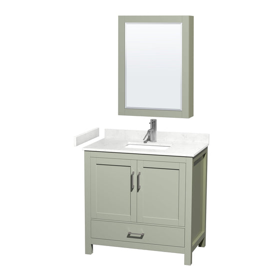 Sheffield 36" Single Bathroom Vanity in Light Green, Carrara Cultured Marble Countertop, Undermount Square Sink, Brushed Nickel Trim, Medicine Cabinet