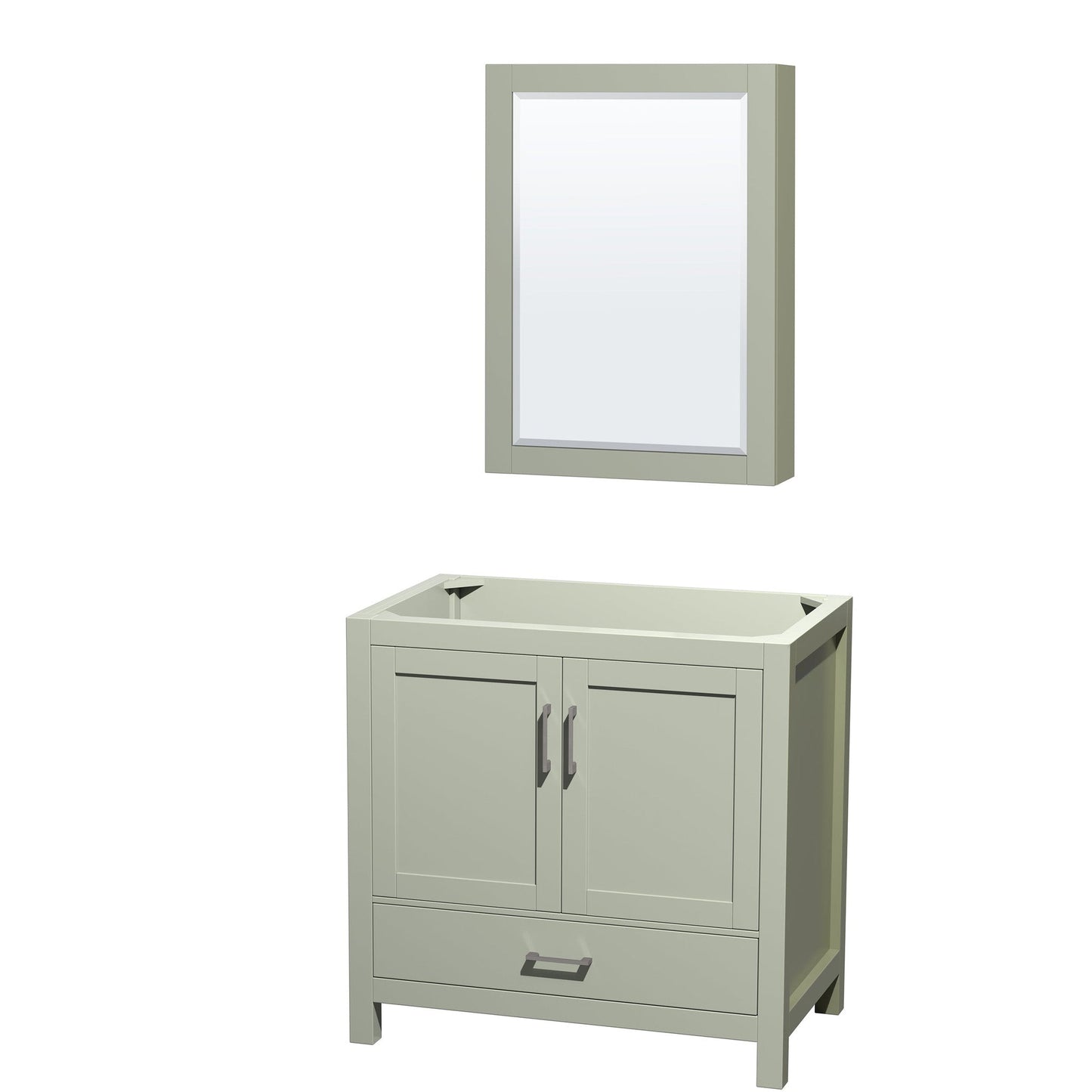 Sheffield 36" Single Bathroom Vanity in Light Green, No Countertop, No Sink, Brushed Nickel Trim, Medicine Cabinet