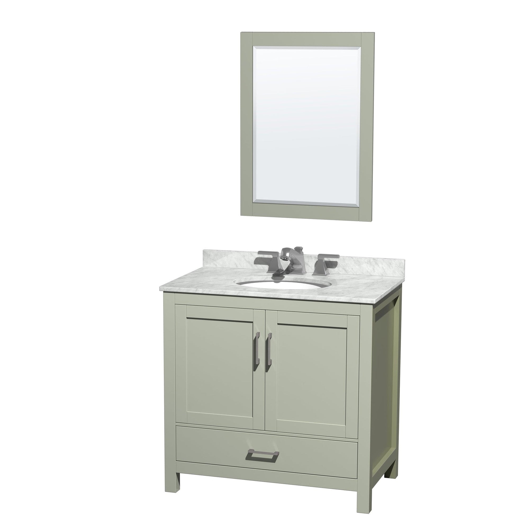 Sheffield 36" Single Bathroom Vanity in Light Green, White Carrara Marble Countertop, Undermount Oval Sink, Brushed Nickel Trim, 24" Mirror