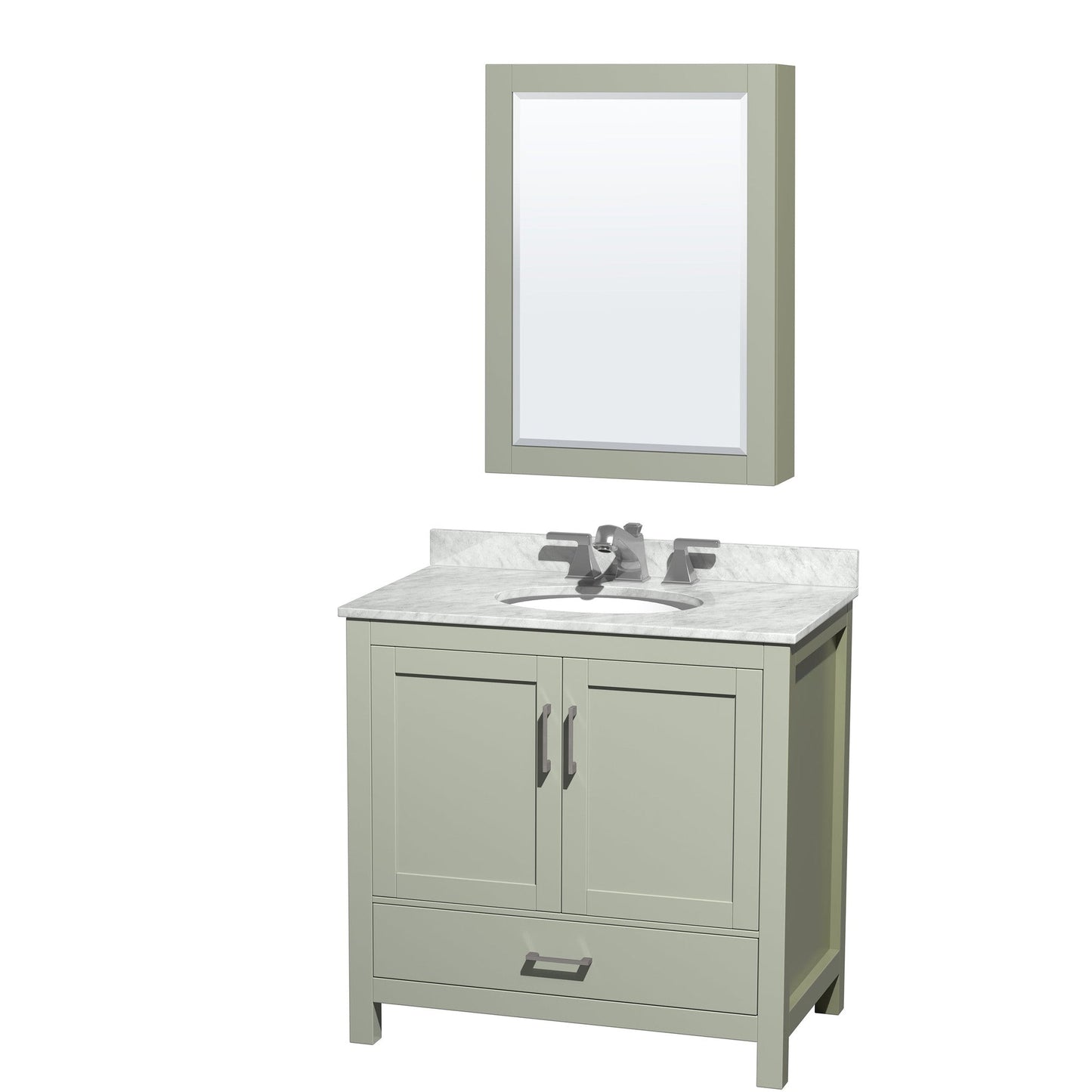 Sheffield 36" Single Bathroom Vanity in Light Green, White Carrara Marble Countertop, Undermount Oval Sink, Brushed Nickel Trim, Medicine Cabinet
