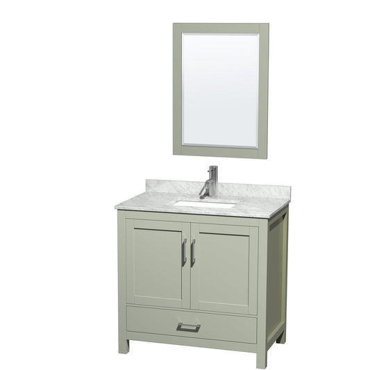 Sheffield 36" Single Bathroom Vanity in Light Green, White Carrara Marble Countertop, Undermount Square Sink, Brushed Nickel Trim, 24" Mirror