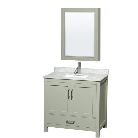 Sheffield 36" Single Bathroom Vanity in Light Green, White Carrara Marble Countertop, Undermount Square Sink, Brushed Nickel Trim, Medicine Cabinet